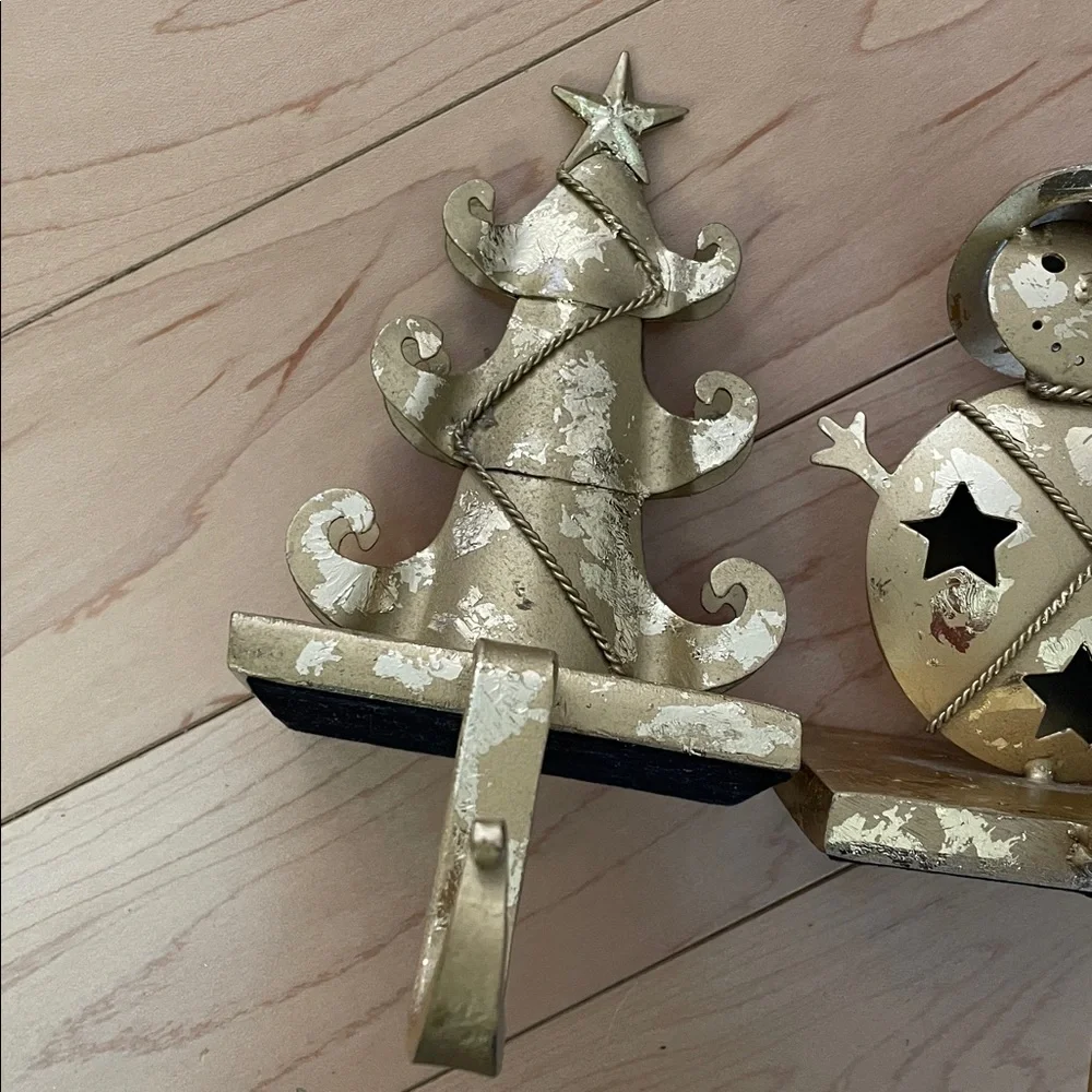 Pier 1 Gold Christmas Tree and Snowman Stocking Holders